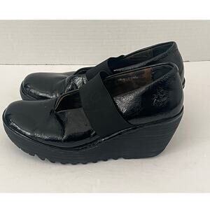 Women's FLY London Black Patent Leather Yale Shoes  Mary Janes Wedge Size 37/6.5
